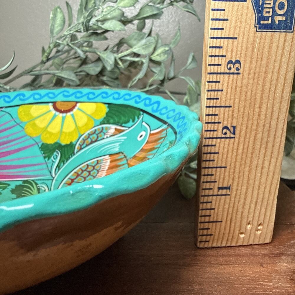 Hand Painted Mexican Folk Art Pottery Footed Bowl Bird Floral Terracotta 6.75” - Picture 10 of 12